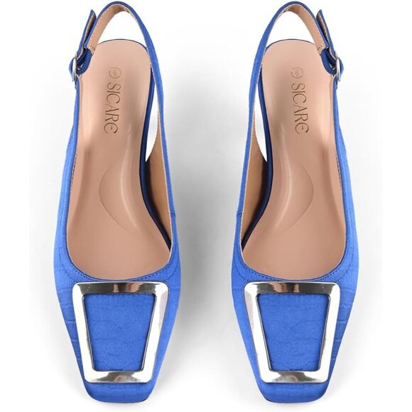 SICARE Slingback Kitten Heels Synthetic Black Closed Square Toe Low Heel Pumps - Picture 3 of 9